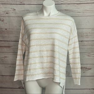 Eileen Fisher White And Tan Striped Hi Lo Sweater